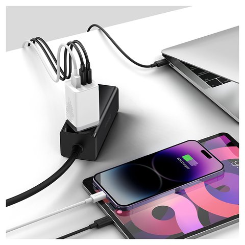 Adaptador de red Baseus GaN5 Pro, 65 W, Quick Charge, blanco, con cable USB tipo C - USB tipo C, 3 puertos, #CCGP120202 Vista previa  1