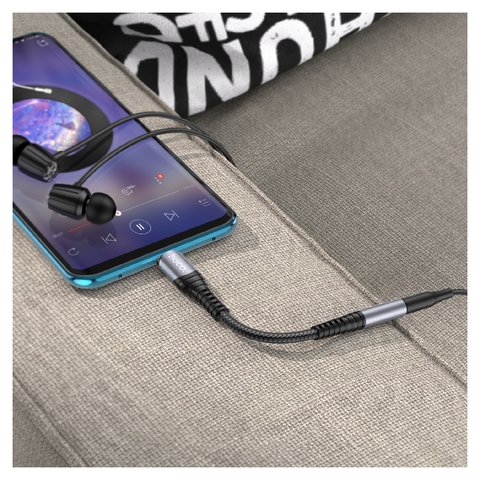 Адаптер Hoco LS33, підтримує функції мікрофона, в нейлоновому обплетенні, USB тип-C, TRRS 3.5 мм, сірий, #6931474761163 Прев'ю 1
