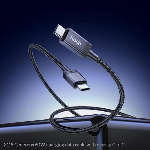 USB кабель Hoco X118, 2xUSB тип-C, 100 см, 60 Вт, чорний, з цифровим індикатором зарядки, в нейлоновому обплетенні, #6942007655095 Прев'ю 3